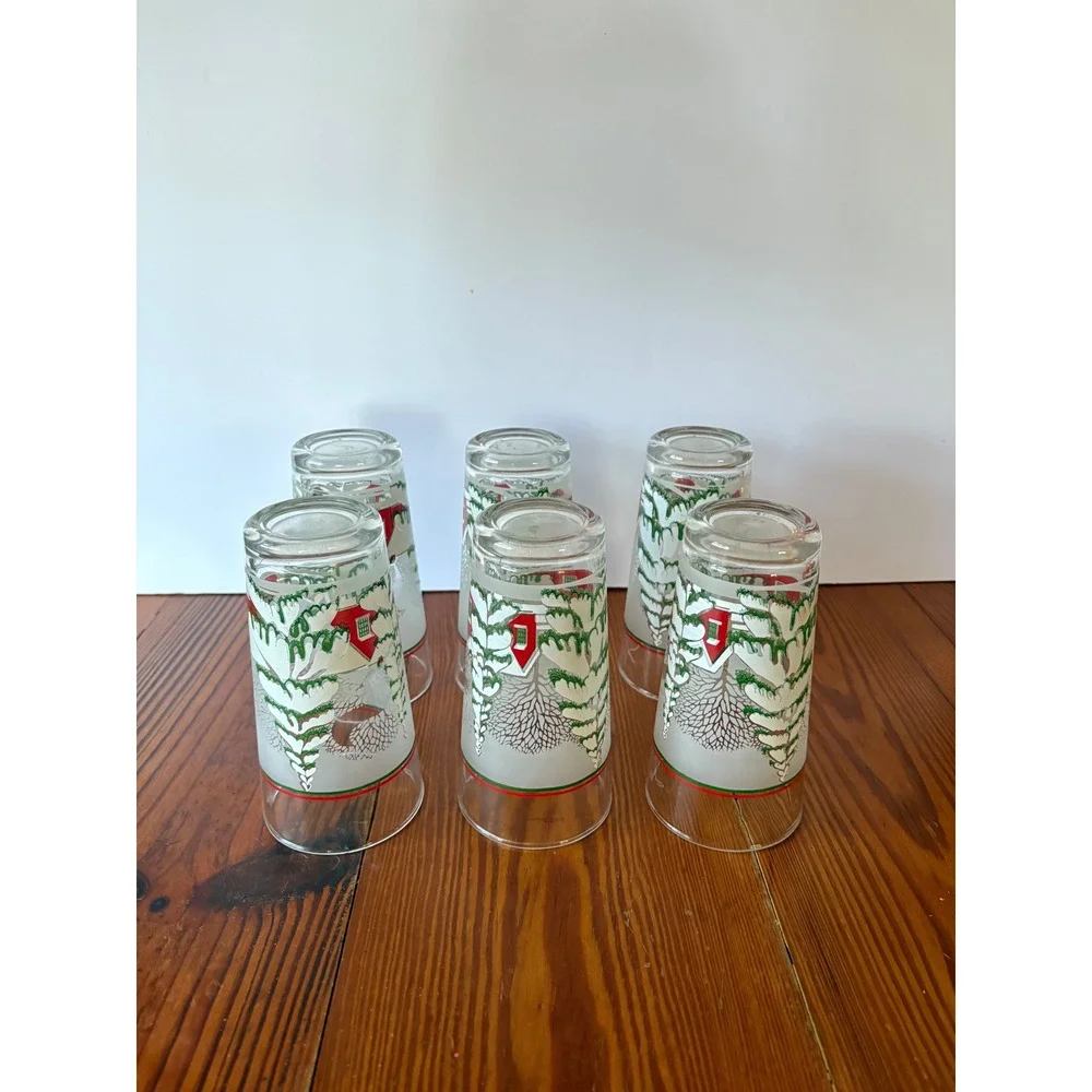 Set of 6 Vintage KIG Indonesia Christmas Tumblers‎ Glasses Frosted Winter Scene